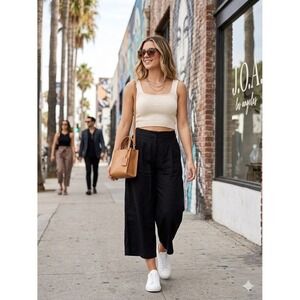 JOA Los Angeles Black Linen Blend Wide Leg Culottes Cropped Pants KR1261 Mens M